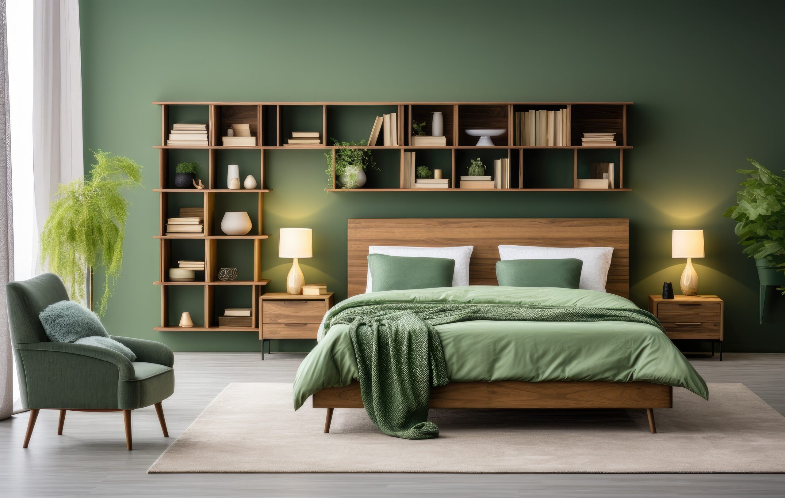master bedroom green velvet bedroom interior with wooden shelves